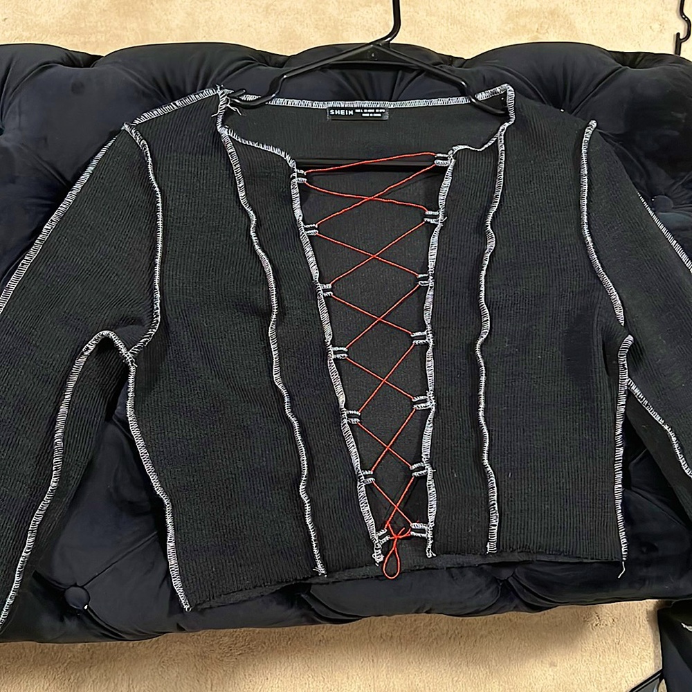 Lace Up Topstitching Ribbed Top